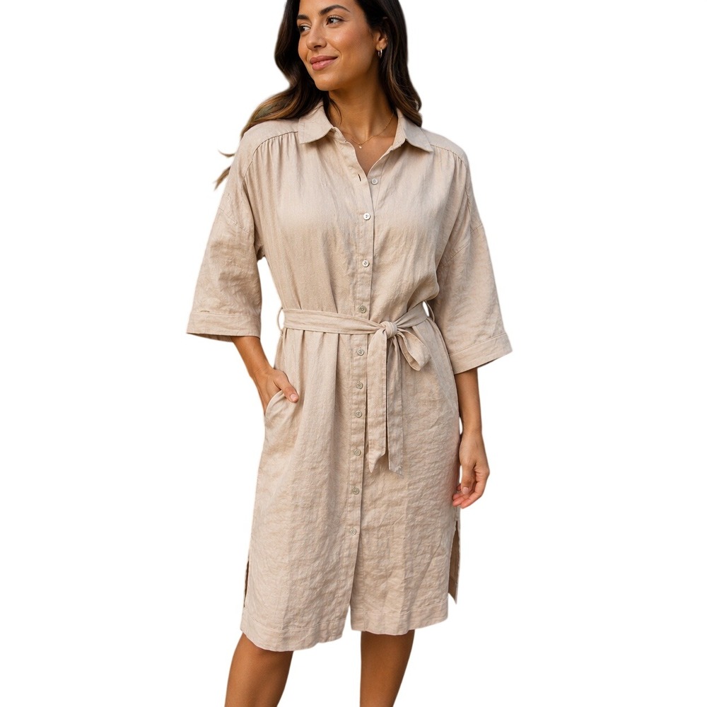 Tahari Womens 100% Linen Belted Button Down Shirt Dress Tan Beige Small